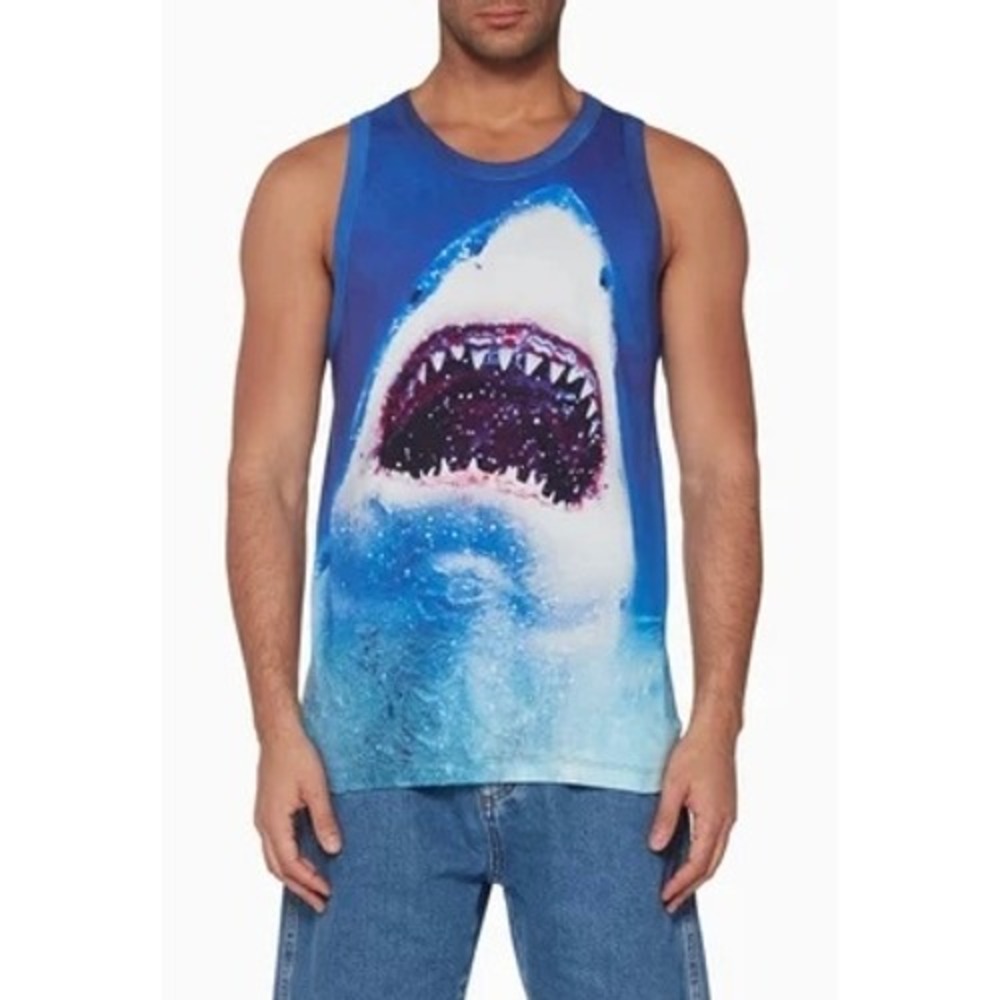 MSGM Milano Shark Print Tank Top Mens XS Blue White Sleeveless T Shirt Jaws